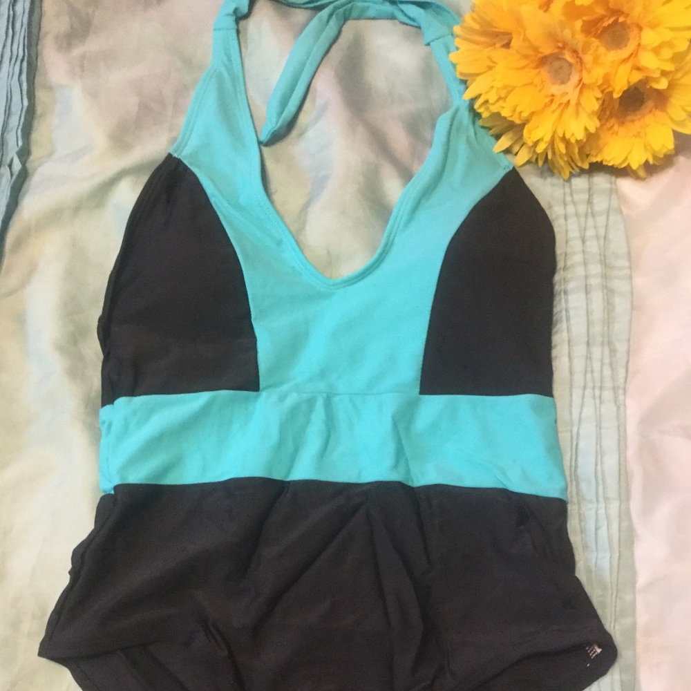 ❌DONATED❌Black Light Blue Trim Deep V Lined One Piece Swimsuit - Picture 2 of 8